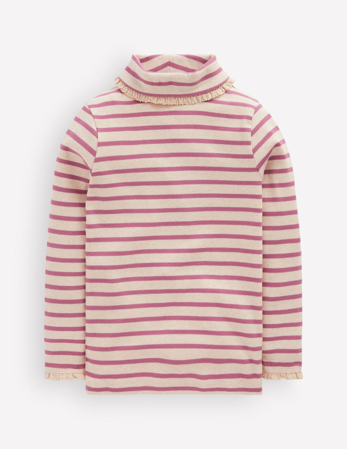Lace Trim Roll Neck Top-Ivory/Pink Stripe-1