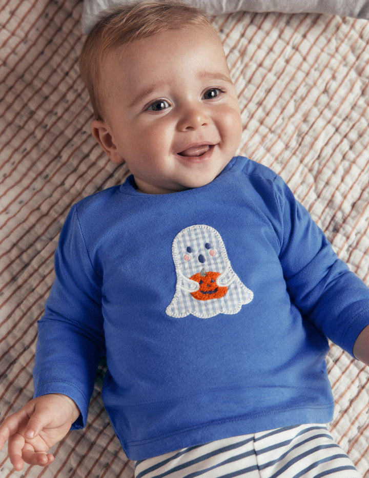 Long Sleeve Appliqué T-Shirt-Bluejay Ghost