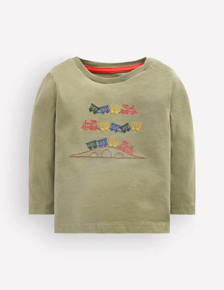 Long Sleeve Appliqué T-Shirt-Green Trains
