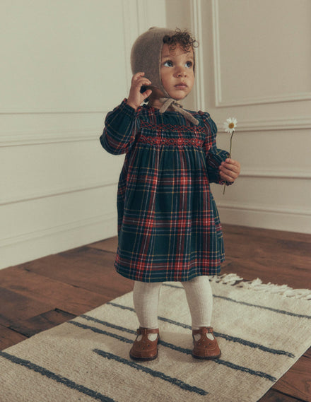 Smocked Occasion Dress-Green Family Check