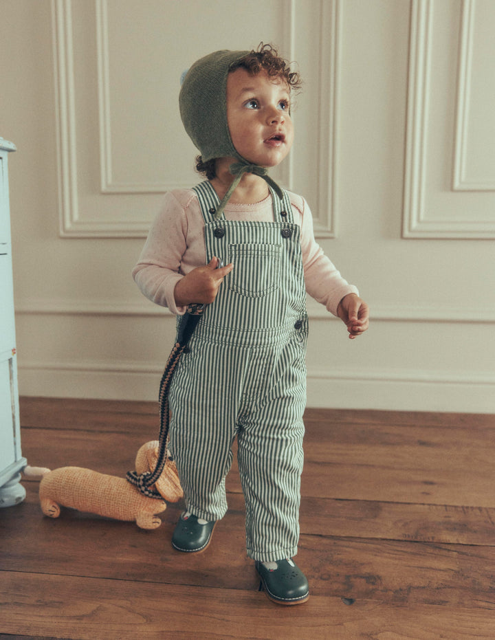 Woven Dungarees-Green Ticking Stripe