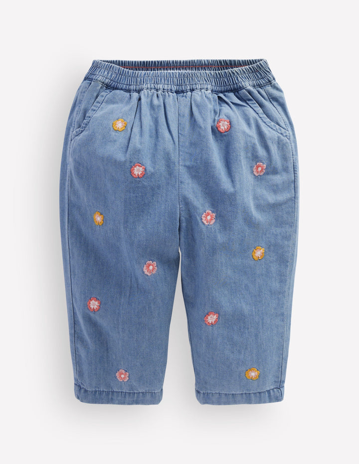 Embroidered Chambray Pants-Embroidered Chambray