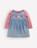 Embroidered Pinny Dress Set-Embroidered Chambray