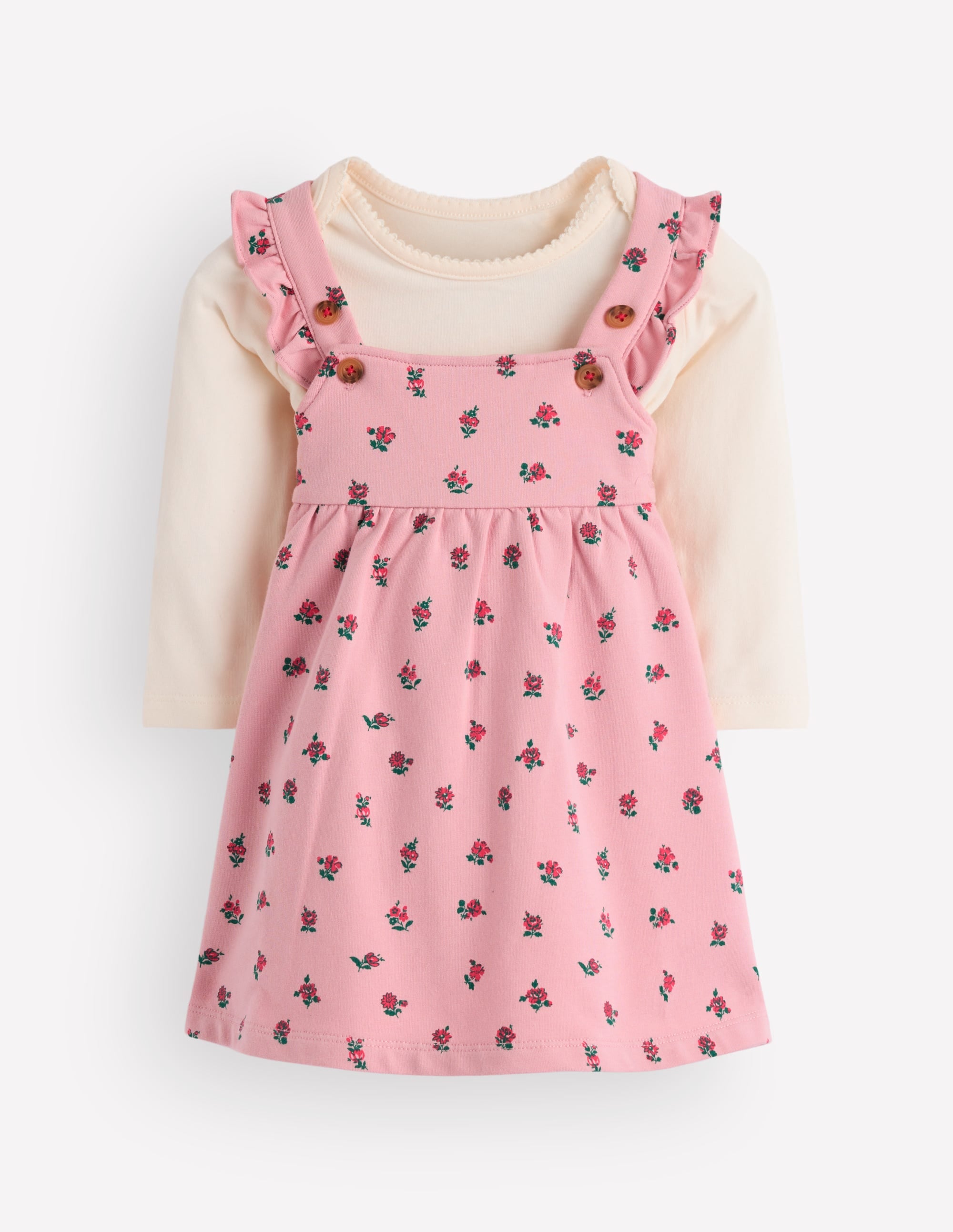 Jersey Pinny Dress Set-Pink Ditsy Vintage Roses - Image 1