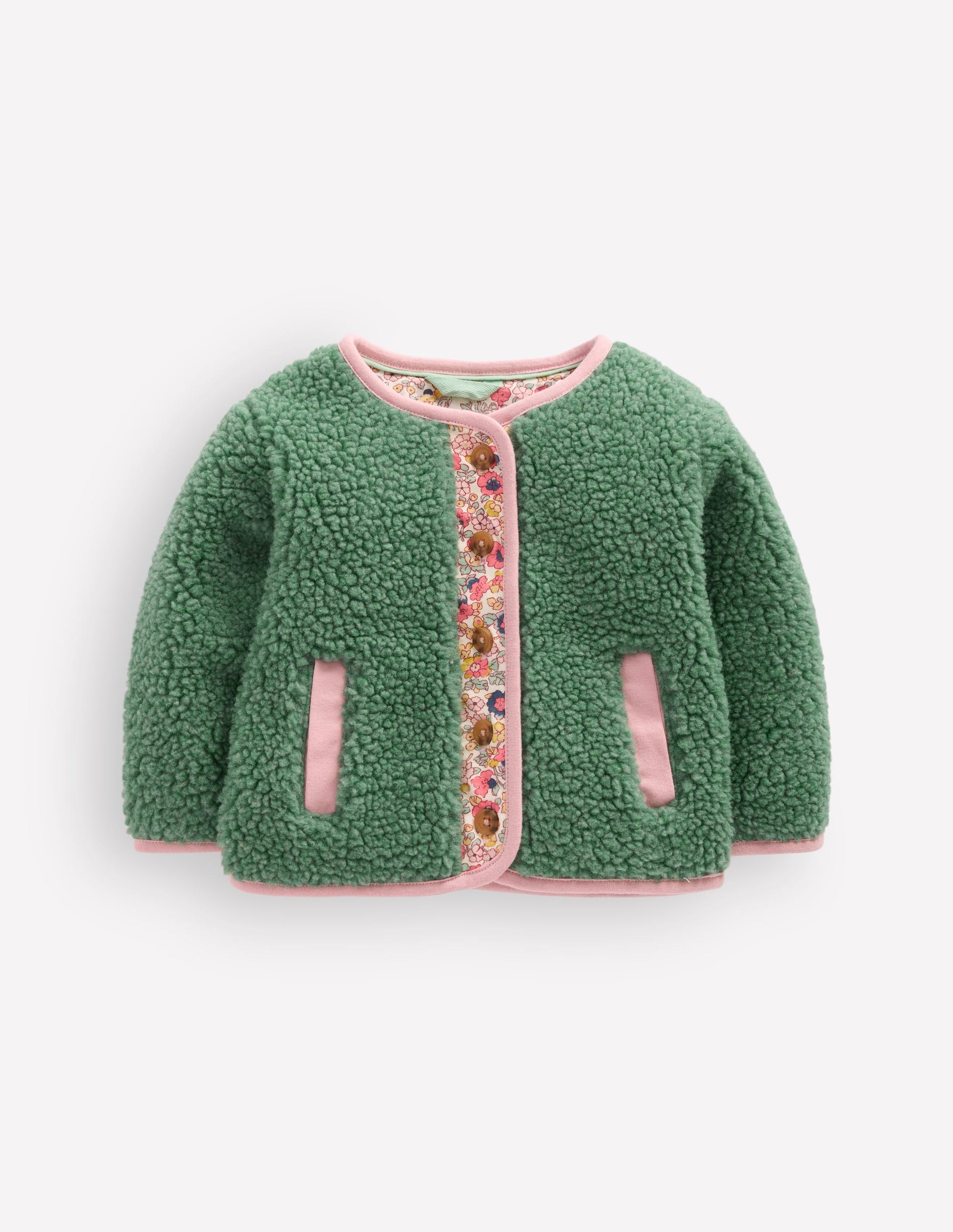 Cosy Borg Button-Down Jacket-Larch Green Floral-1