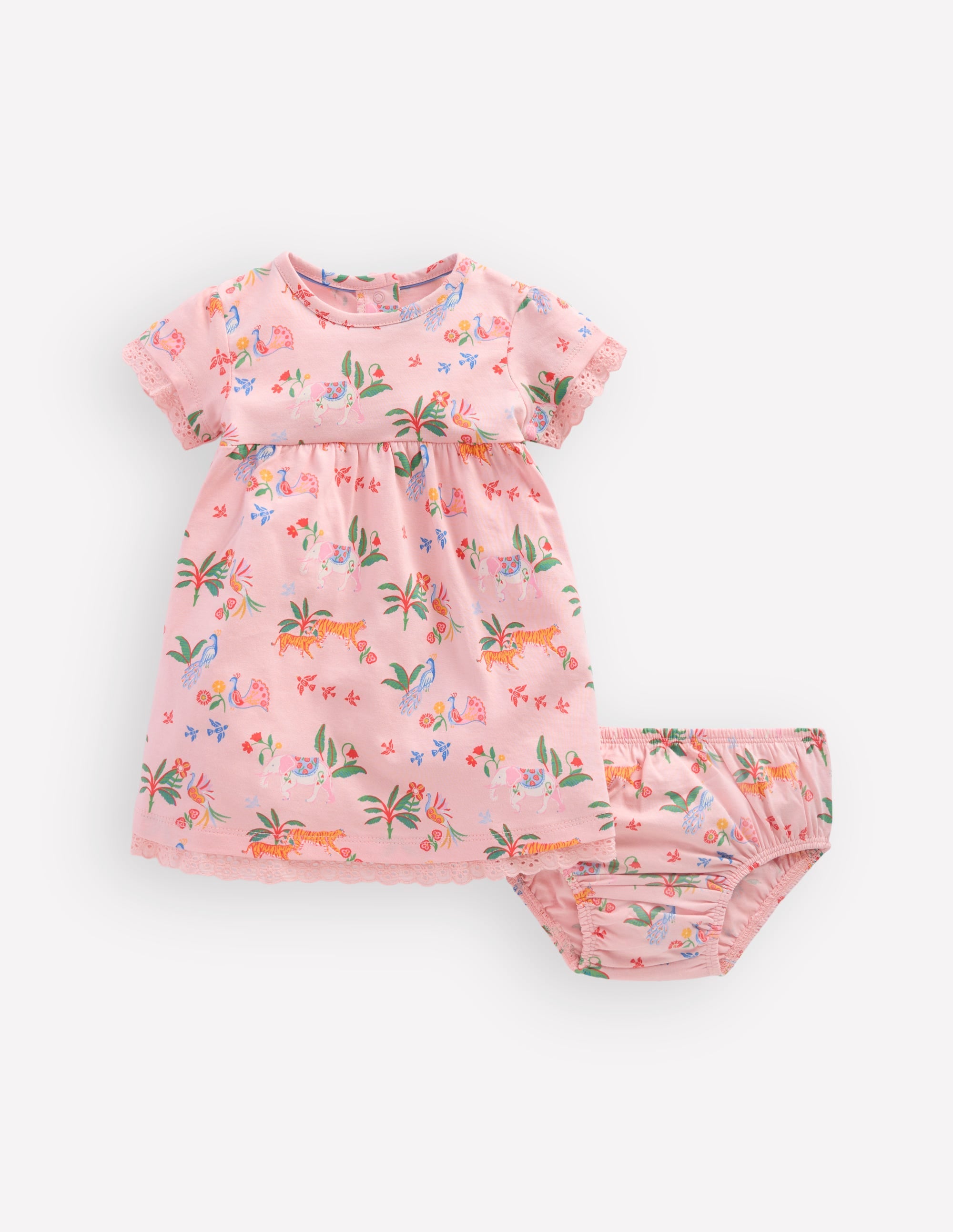 Broderie Trim Jersey Dress-Pink Tropical Animals - Image 1