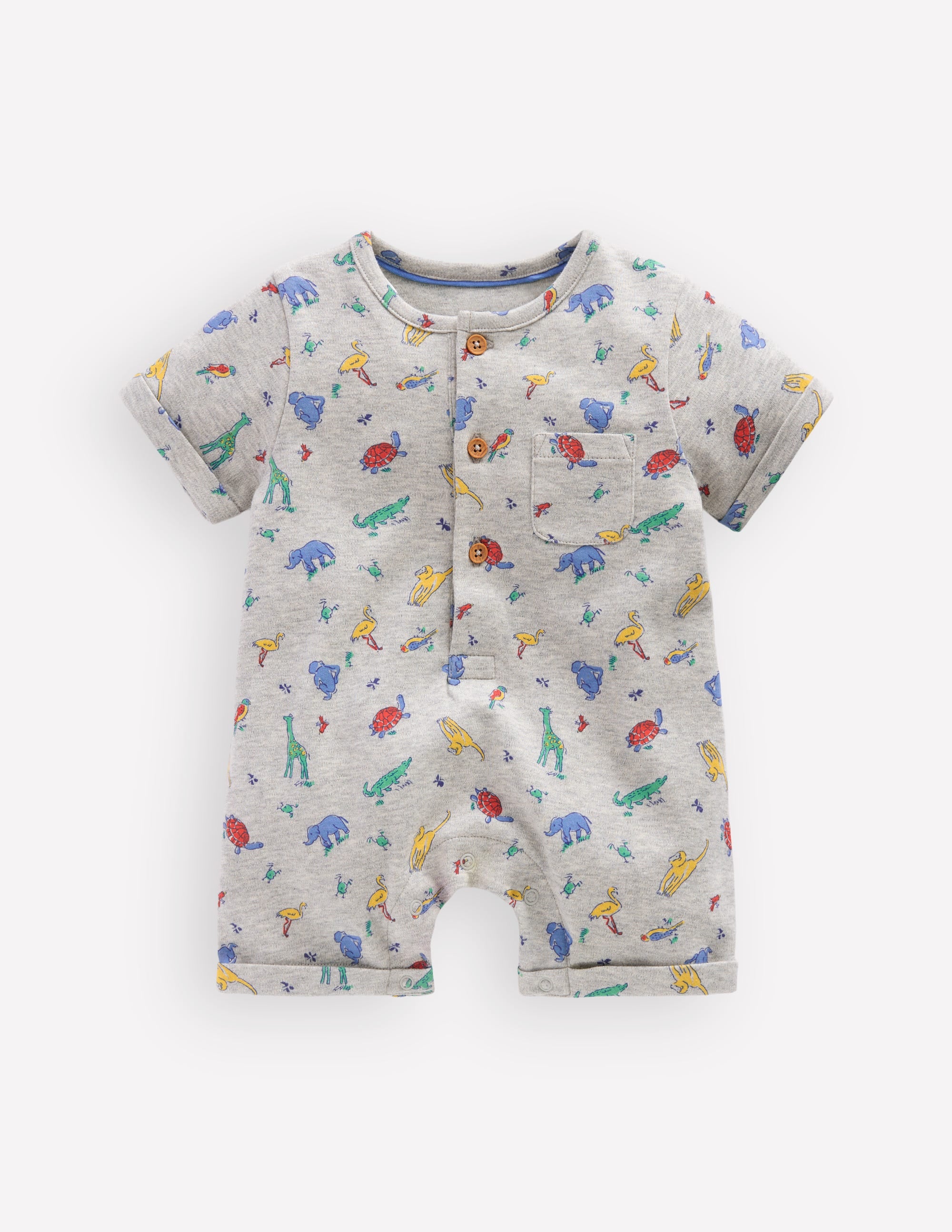 Short Sleeve Jersey Romper-Grey Marl Jungle Animals - Image 1