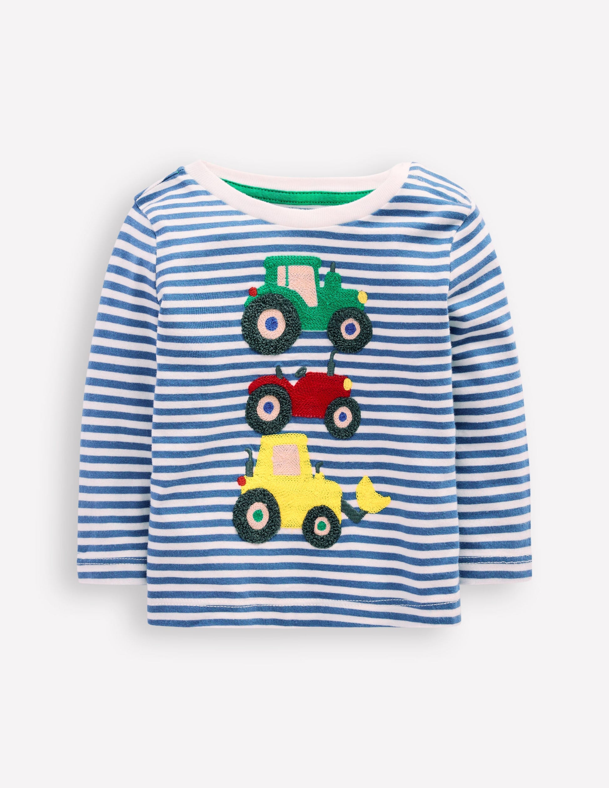 Long Sleeve Appliqué T-Shirt-Blue Stripe Tractors-1