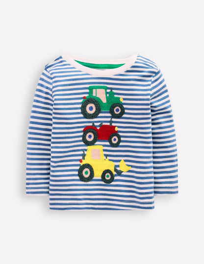 Long Sleeve Appliqué T-Shirt-Blue Stripe Tractors-1