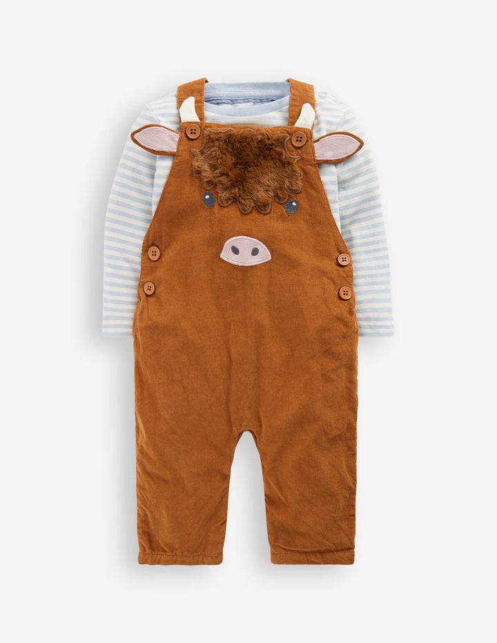 Novelty Cord Overalls Set-Brown Highland Cow