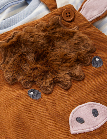 Novelty Cord Overalls Set-Brown Highland Cow-3