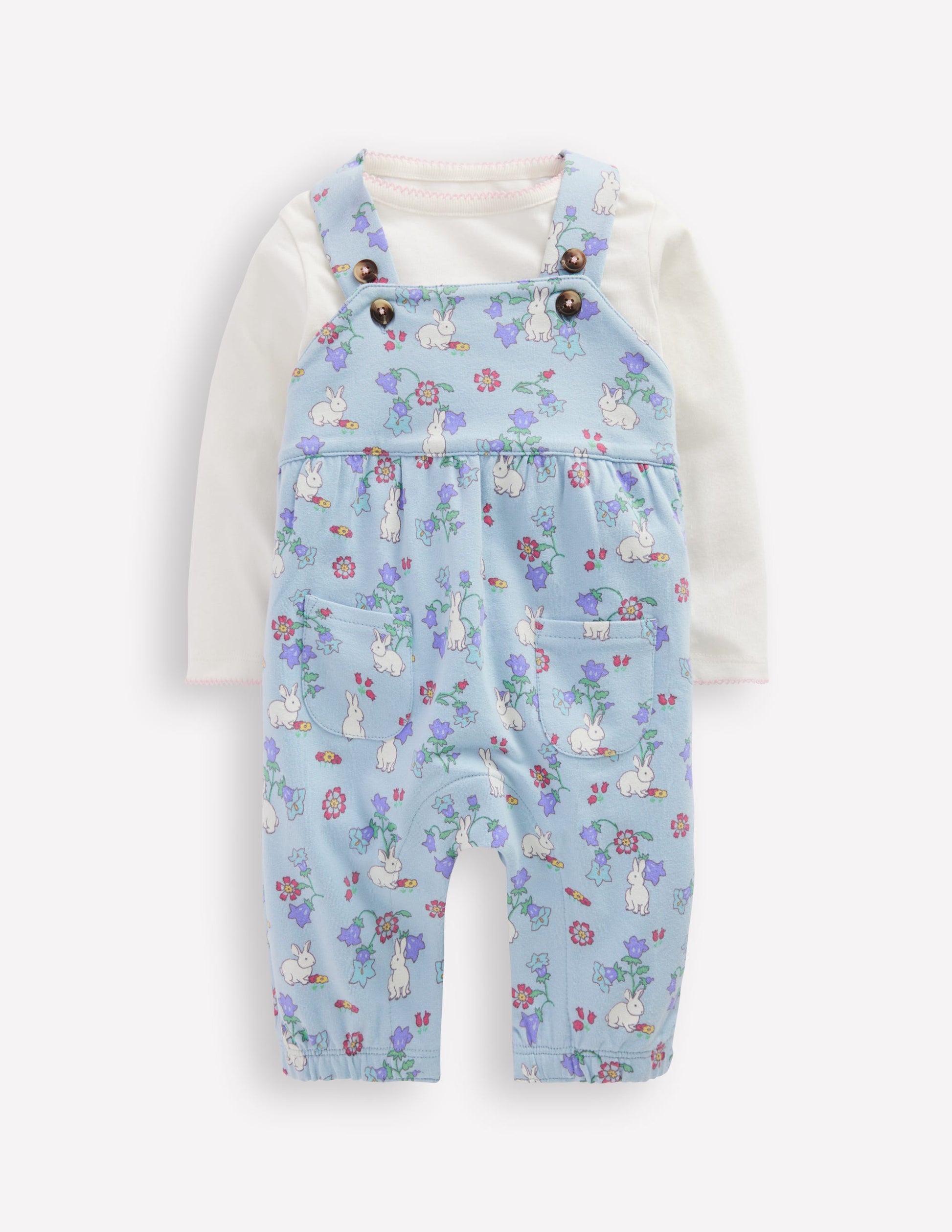 Jersey Dungaree Set-Misty Blue Bunny Floral-1
