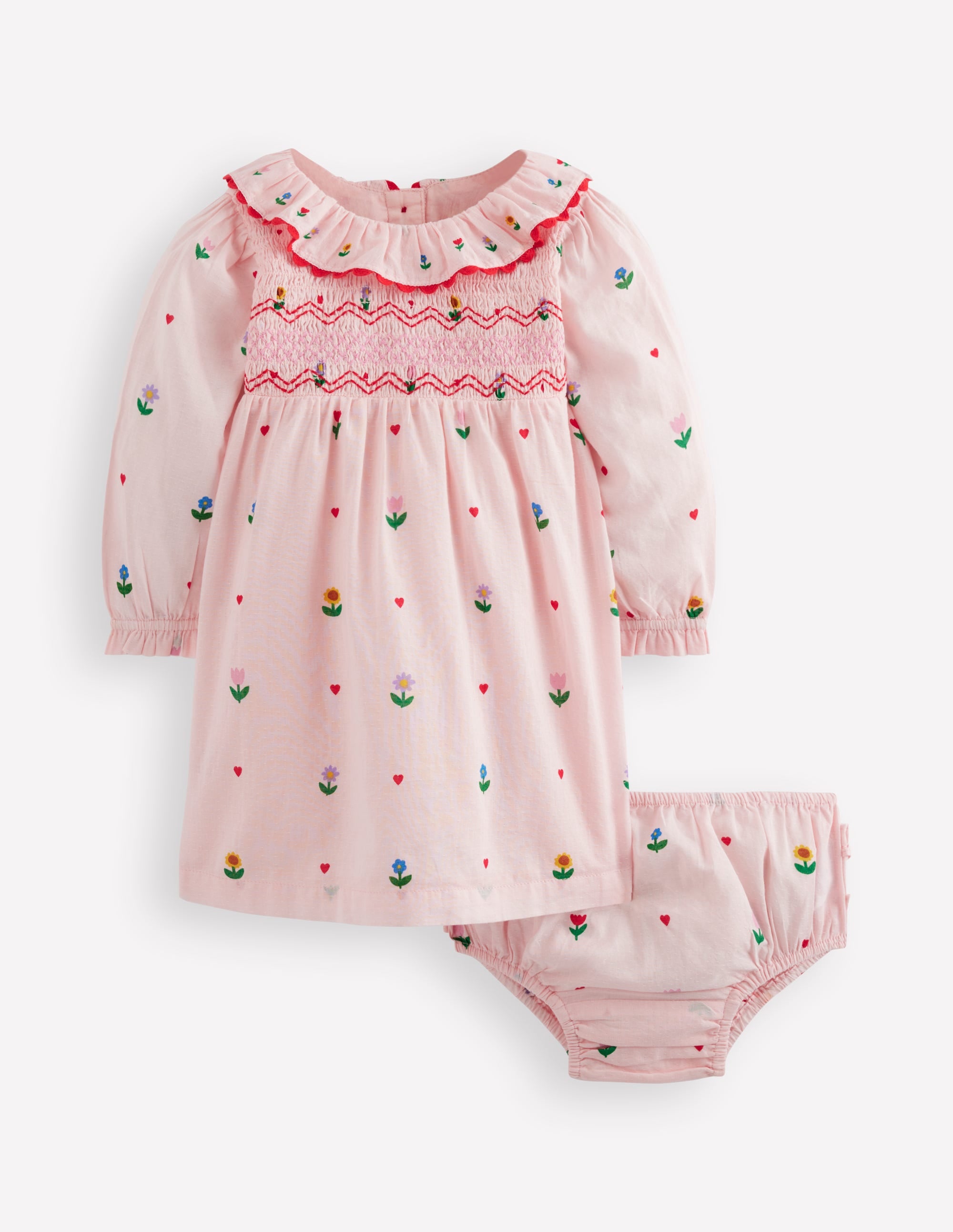 Embroidered Smocked Dress-Pink Multi Floral Heart Flower - Image 1