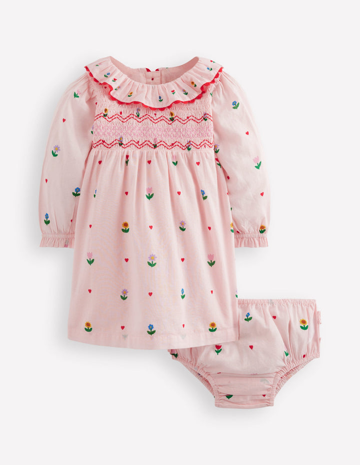 Embroidered Smocked Dress-Pink Multi Floral Heart Flower