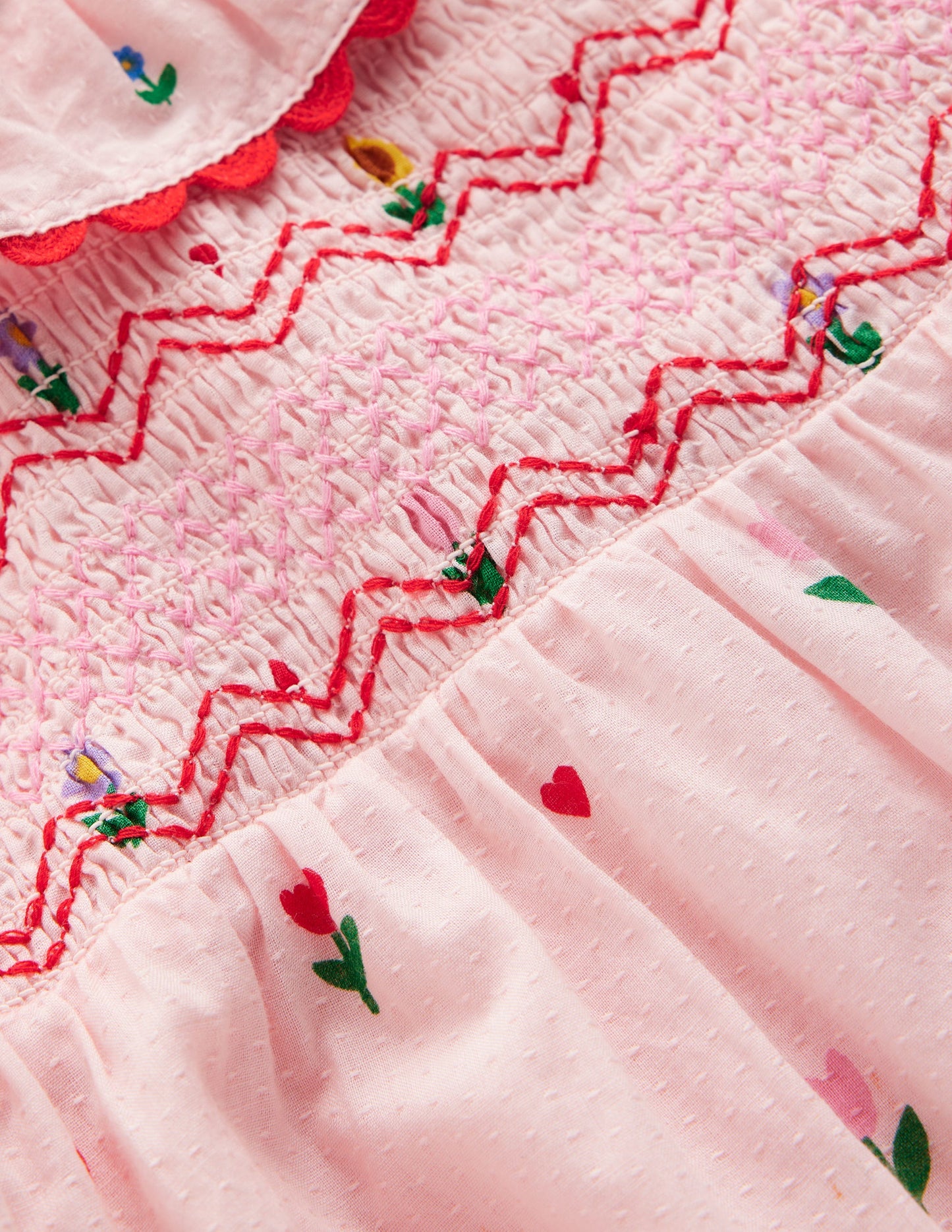 Embroidered Smocked Dress-Pink Multi Floral Heart Flower