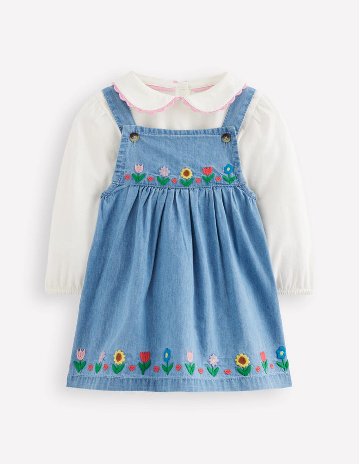 Embroidered Pinny Dress Set-Chambray Floral Embroidery