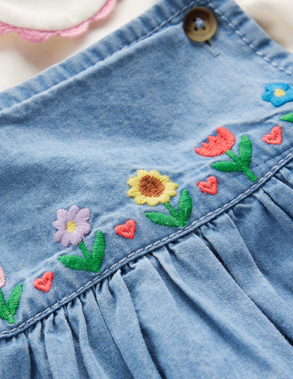 Embroidered Pinny Dress Set-Chambray Floral Embroidery-3