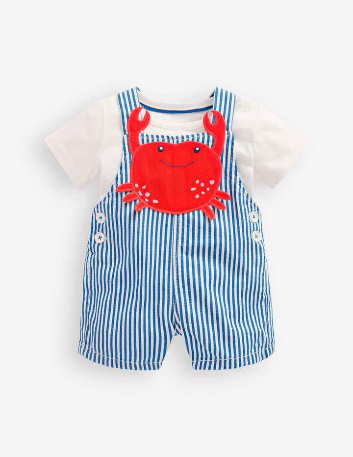 Novelty Woven Overalls Set-Blue Stripe Crab