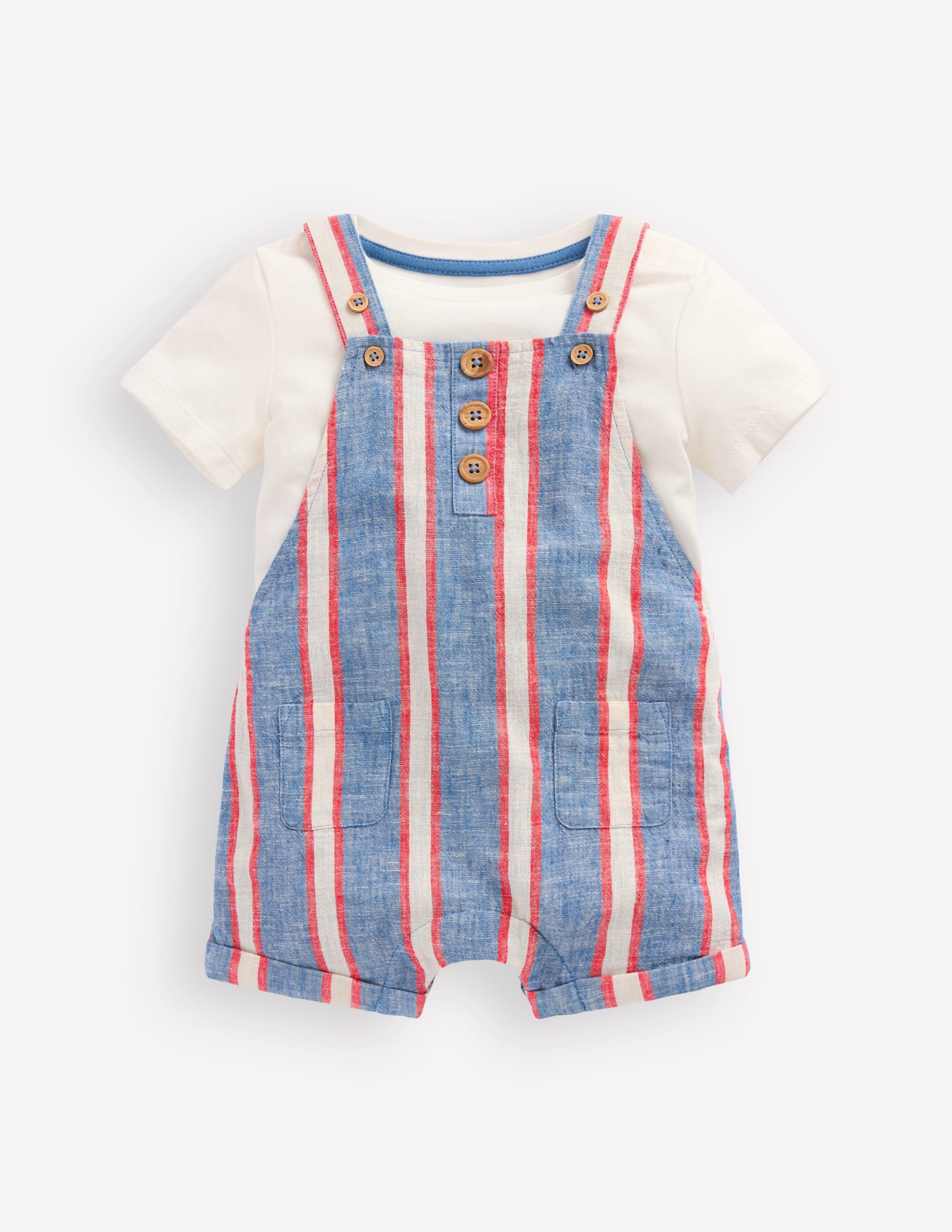 Short Woven Overalls Set-Blue and Red Stripe-1