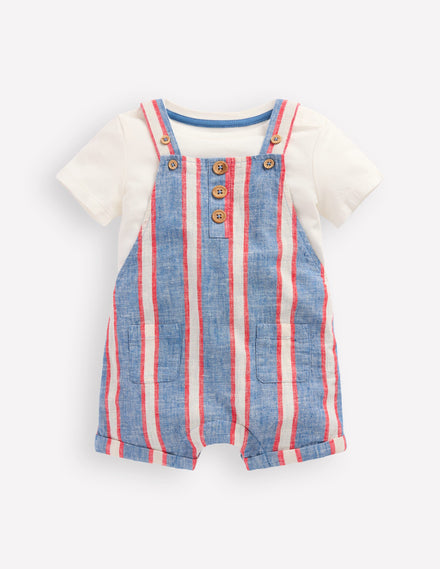 Short Woven Overalls Set-Blue and Red Stripe
