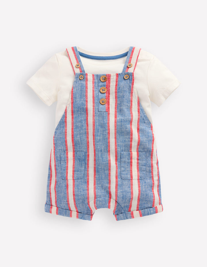 Short Woven Overalls Set-Blue and Red Stripe