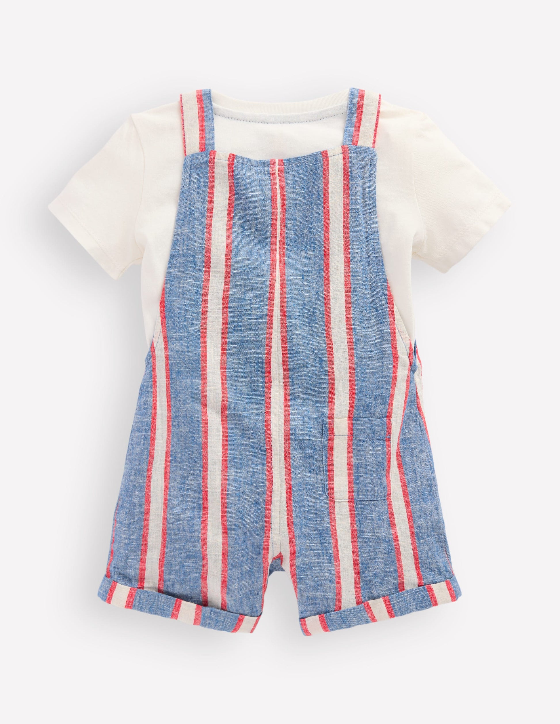 Short Woven Overalls Set-Blue and Red Stripe-2