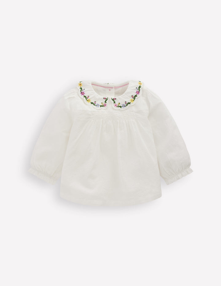 Embroidered Collar Woven Top-Soft Ivory Embroidery