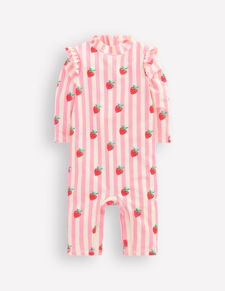 Girls Sun Safe Surfsuit-Pink Strawberry Stripe
