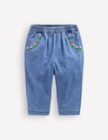 Embroidered Chambray Pants-Embroidered Denim