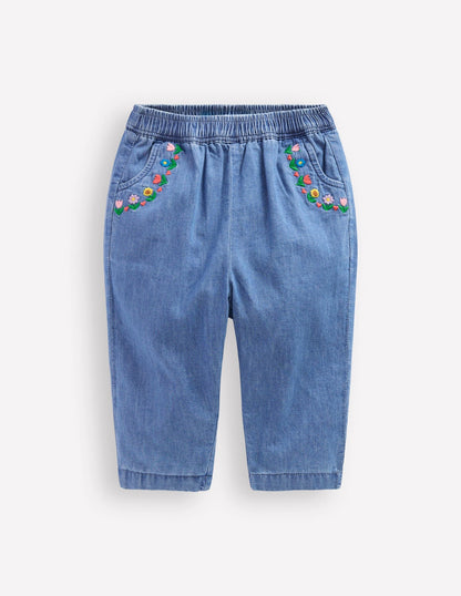 Embroidered Pull On Trouser-Embroidered Denim-1