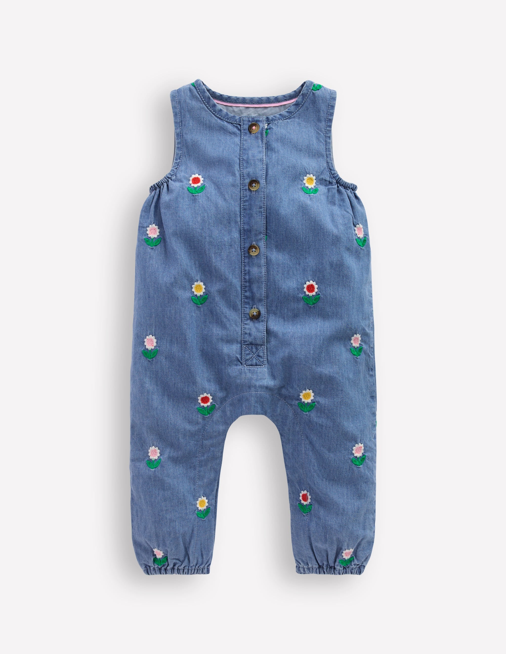 Embroidered Chambray Romper-Floral Embroidered Chambray - Image 1