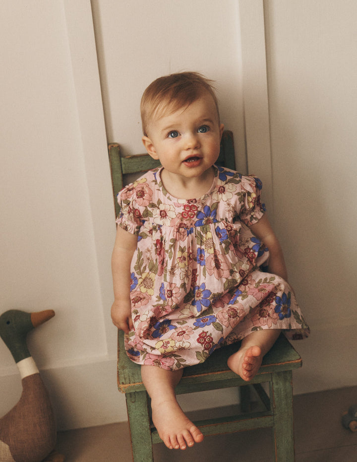 Gathered Woven Dress-Mid Pink Floral