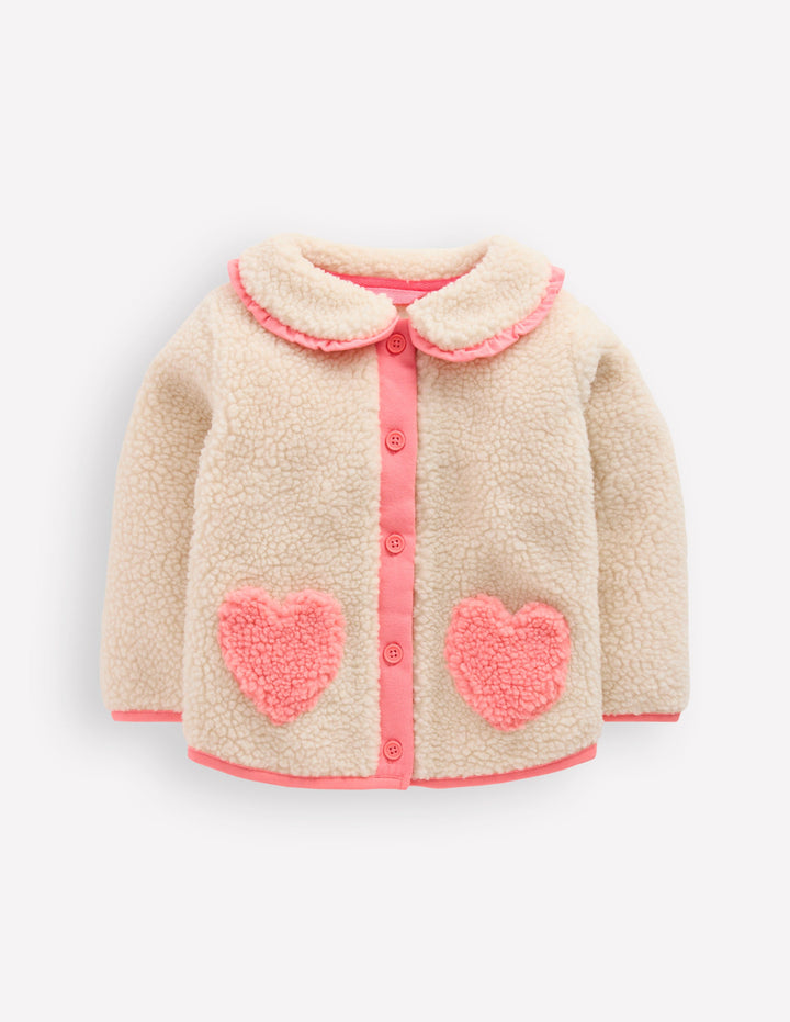 Girls Borg Collared Jacket-Neutral/Pink Heart