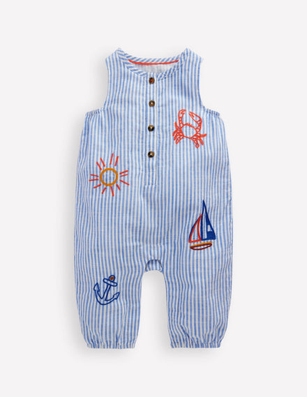 Button Down Romper-Glacier Blue Ocean Embroidery