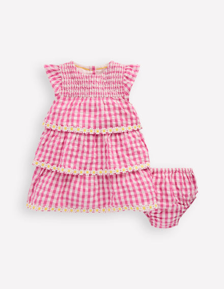 Tiered Woven Dress-Pink Gingham Daisies