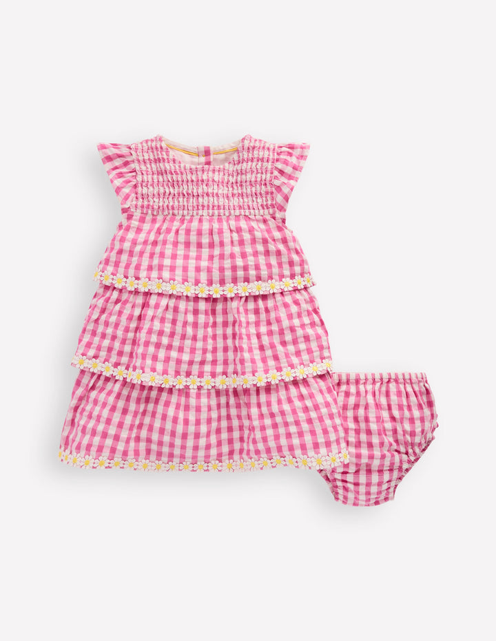 Tiered Woven Dress-Pink Gingham Daisies