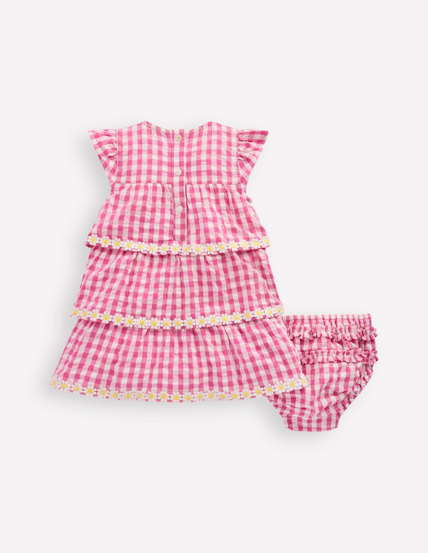 Tiered Woven Dress-Pink Gingham Daisies