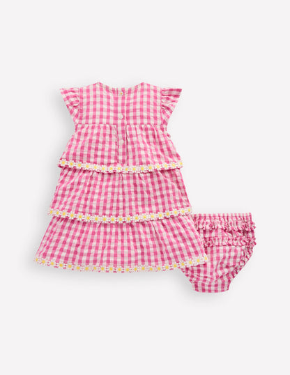 Tiered Woven Dress-Pink Gingham Daisies-2