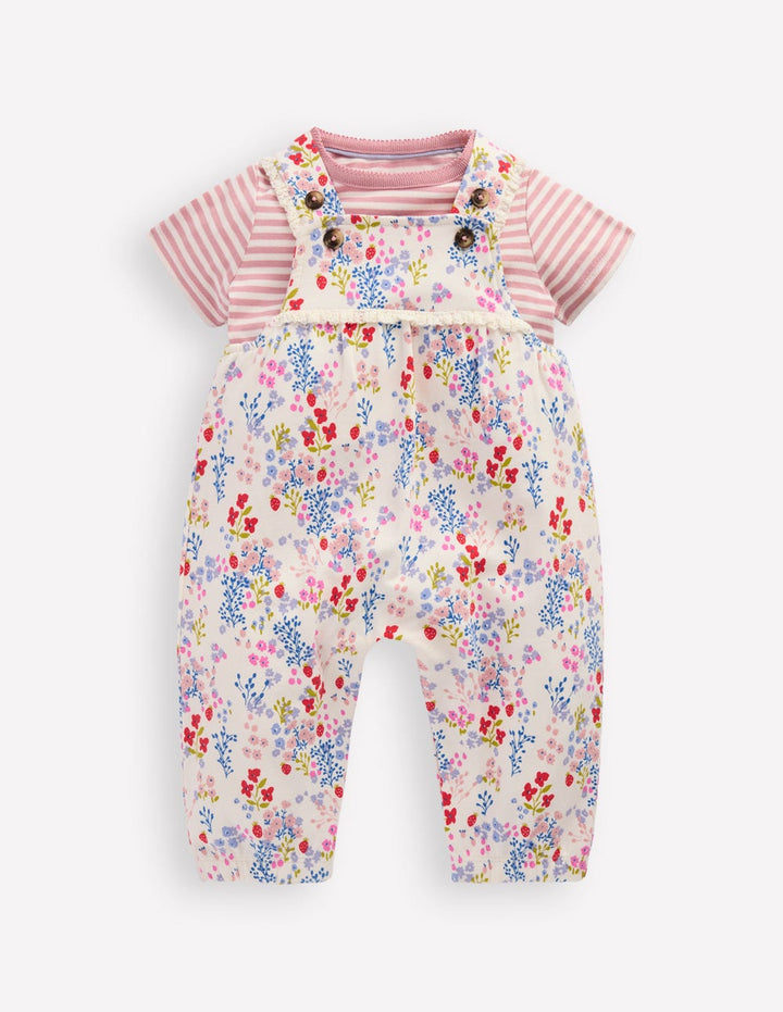 Short Sleeve Jersey Overalls-Ivory Ditsy Meadow