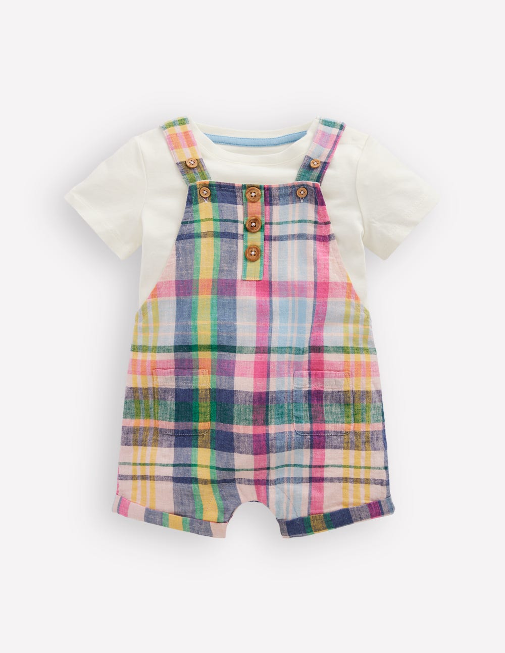 Short Woven Overalls Set-Madras Check-1