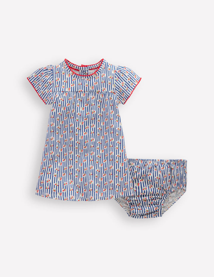 Gathered Jersey Dress-Bluejay Cherry Stripe