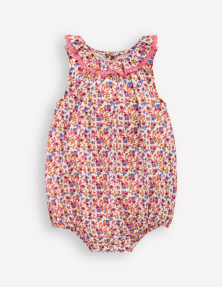 Frill Neck Bubble Romper-Pink Ditsy Floral