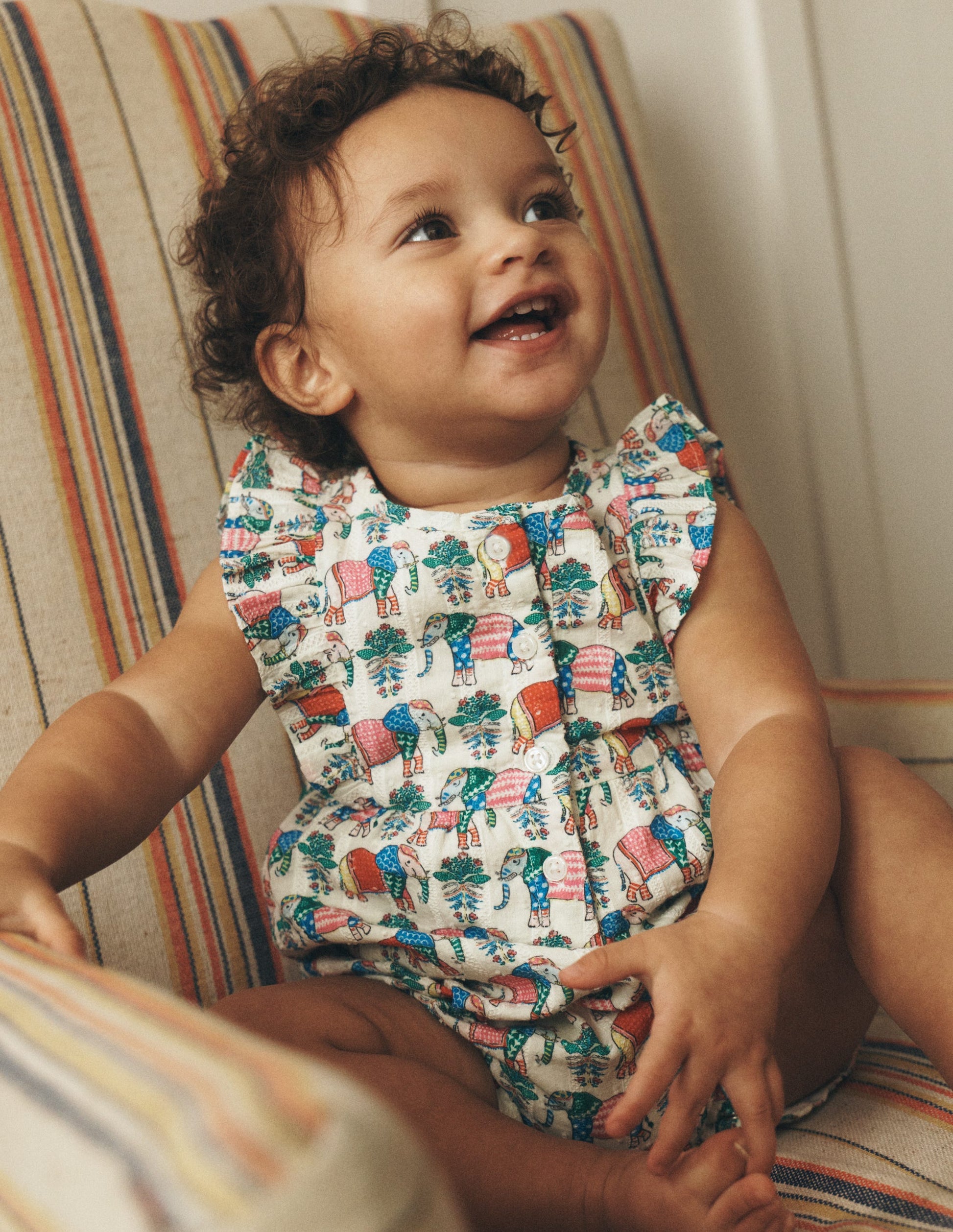 Short Frill Bubble Romper-Multi Elephant Woodblock-4