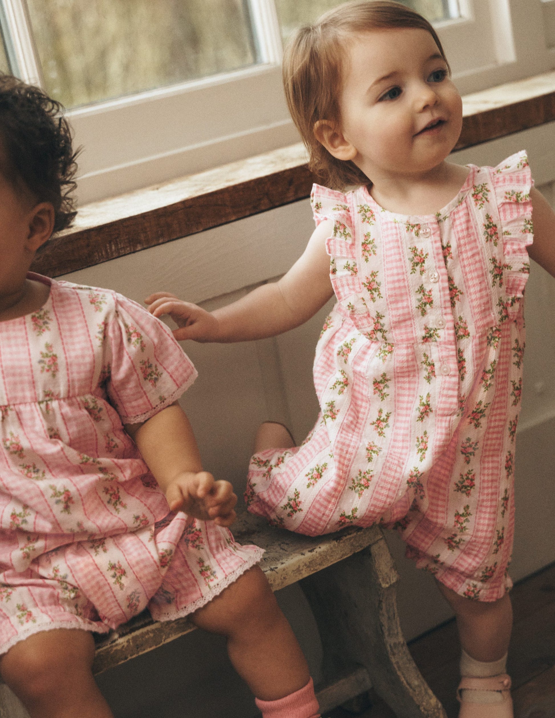 Short Frill Bubble Romper-Pink Gingham Floral-5