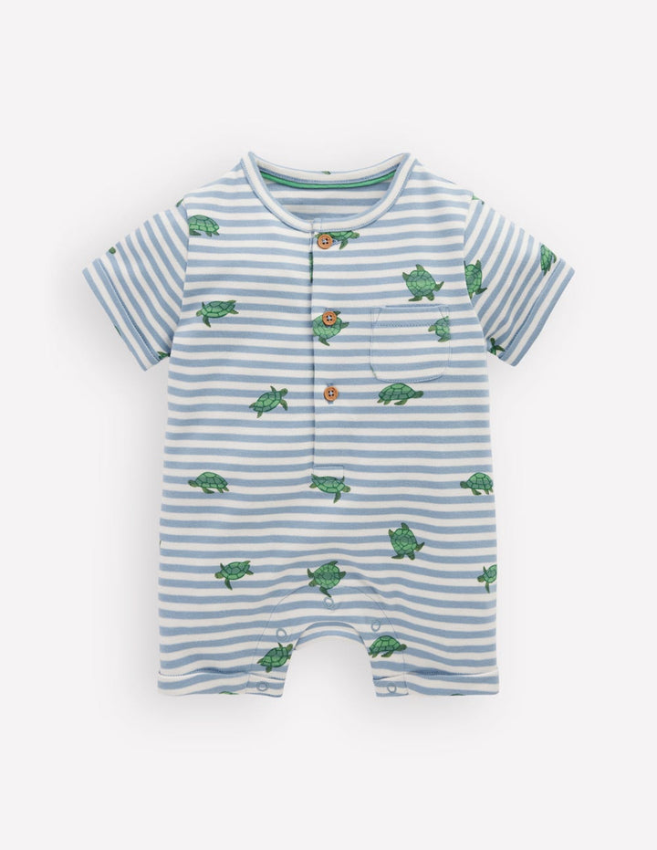 Short Sleeve Jersey Romper-Blue Stripe Baby Turtles