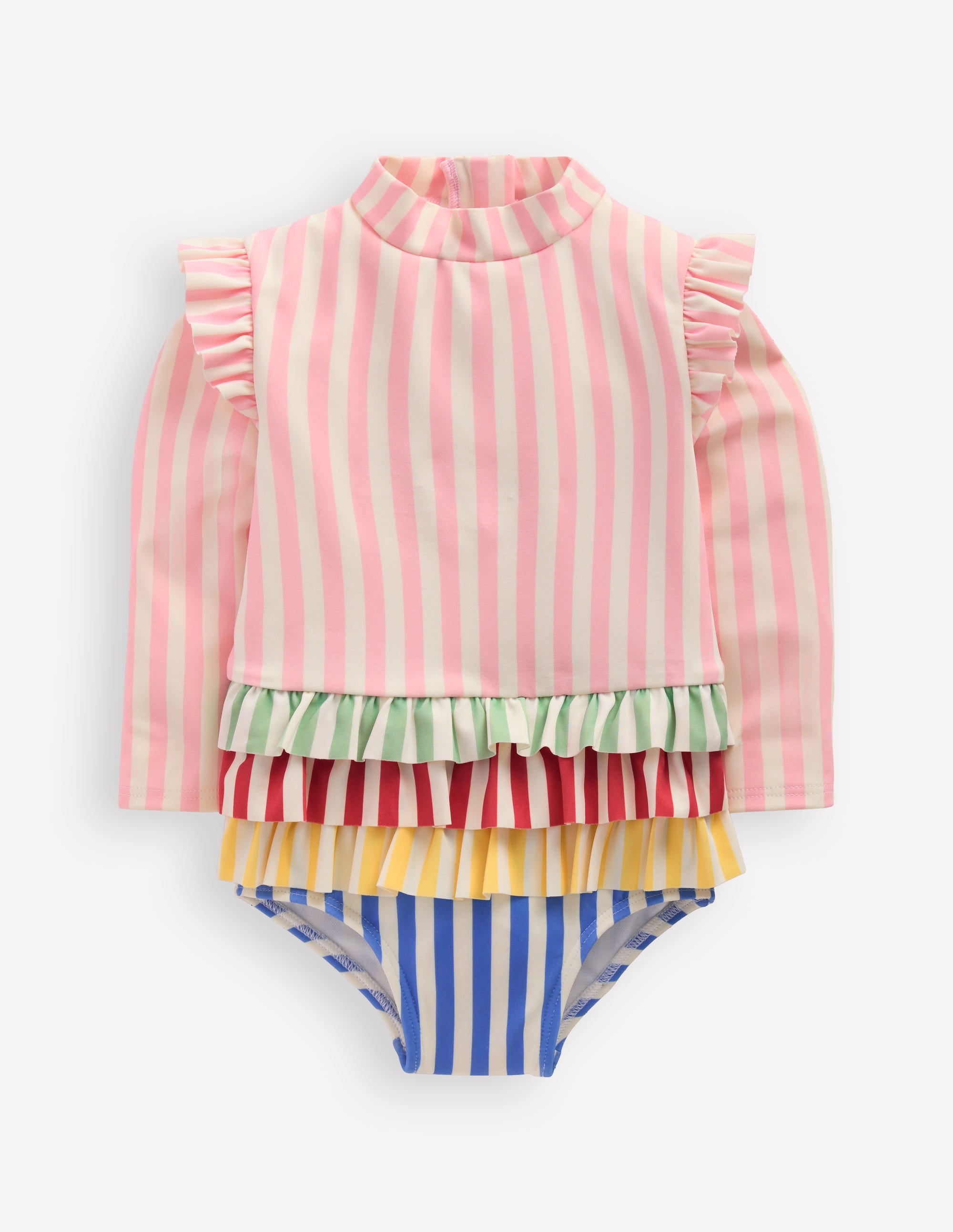 Long Sleeve Frill Swimsuit-Hotchpotch Stripe - Image 1