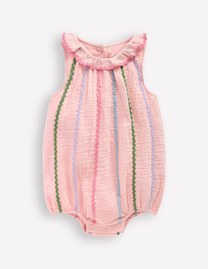 Double Cloth Bubble Romper-Chalk Pink Multi Ric Rac