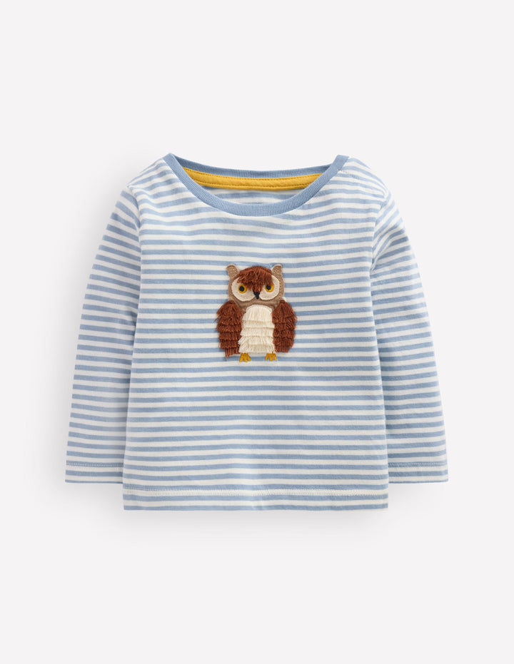 Long Sleeve Appliqué T-Shirt-Blue Owl