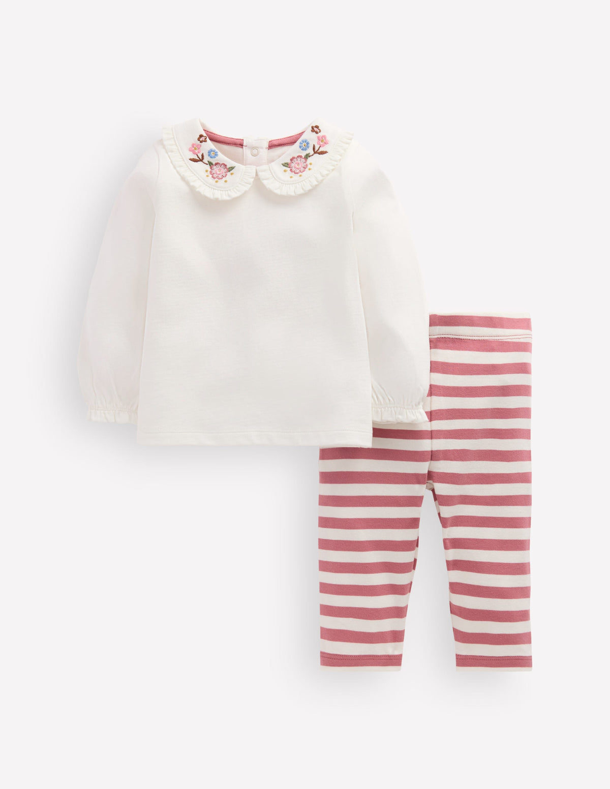 Collared Jersey Set-Ivory/Pink Embroidered-1