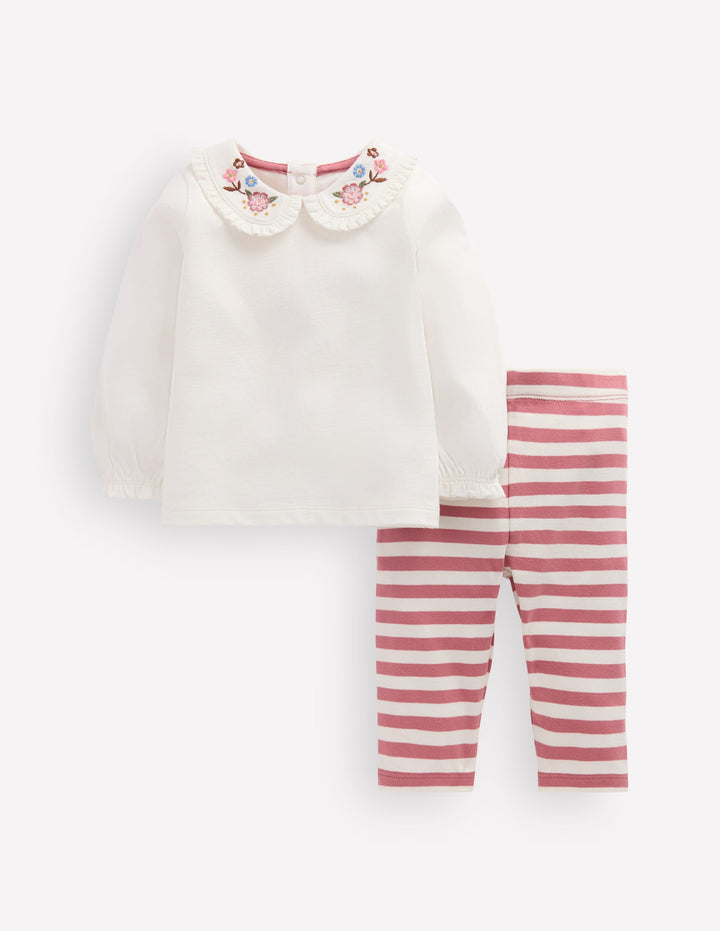 Collared Jersey Set-Ivory/Pink Embroidered